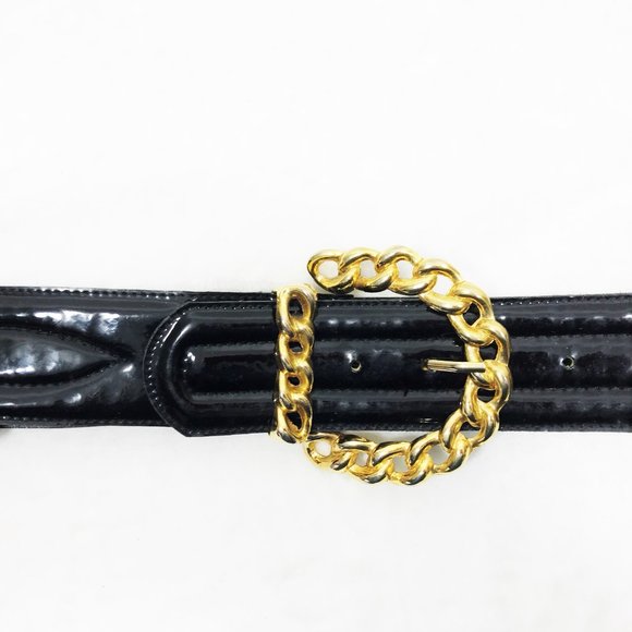 Vintage 90s Black Patent Belt with Gold Tone Buckle M - Picture 1 of 8